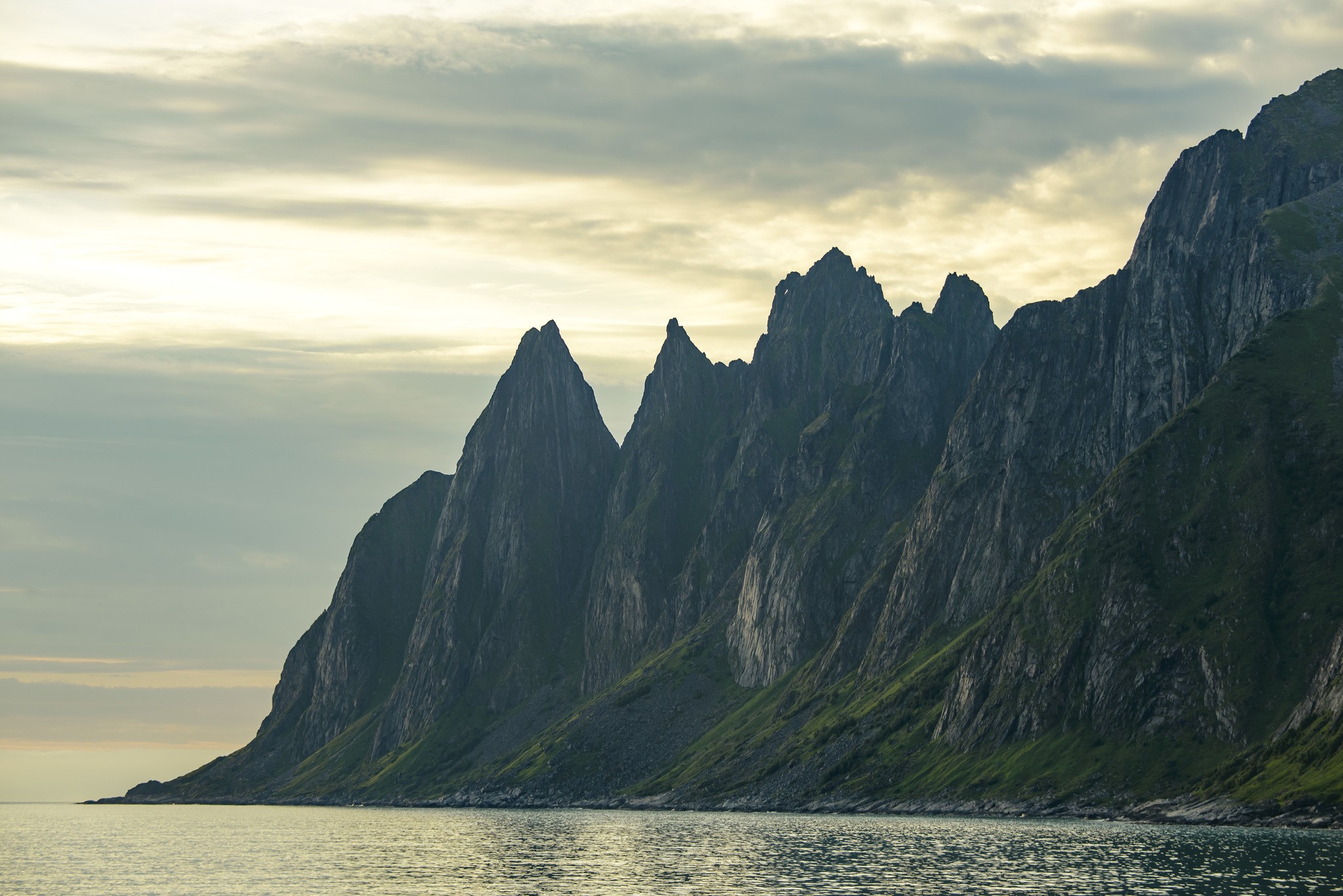 The Devil's Teeth sea mountains on Senja at golden hour