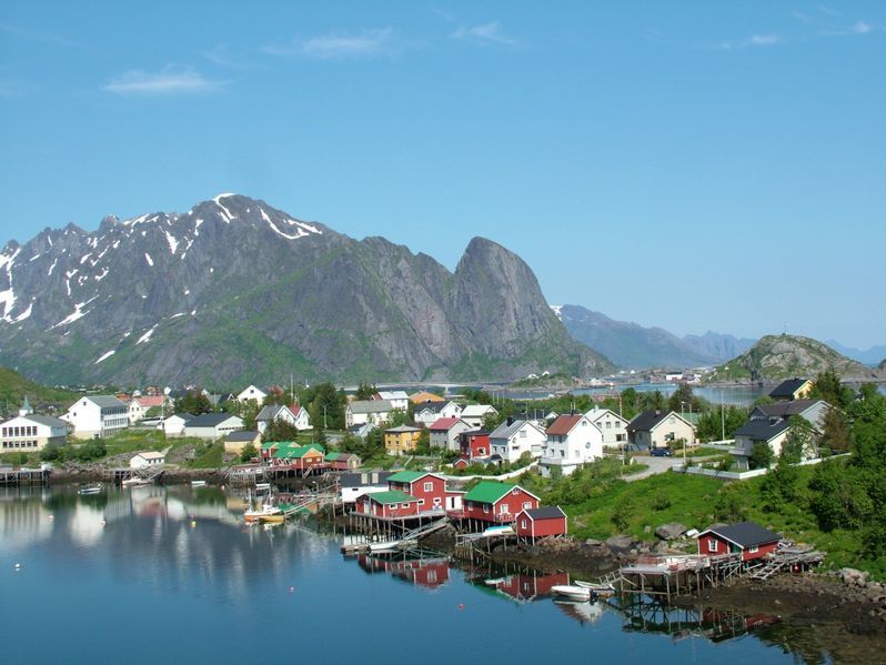 The village of Reine in Lofoten beneath the mountain wall